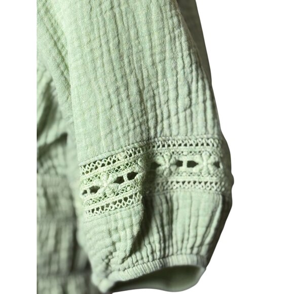 Altard State Womens S Green Peasant Blouse Boho Lace Crop Top Smocked Back Tie - Picture 9 of 10